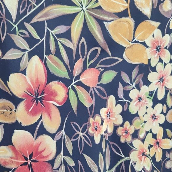 Vtg Skirt Botanical Tropical Floral High Low Ruffle Hem Trumpet Midi Black Sz L - Picture 3 of 9